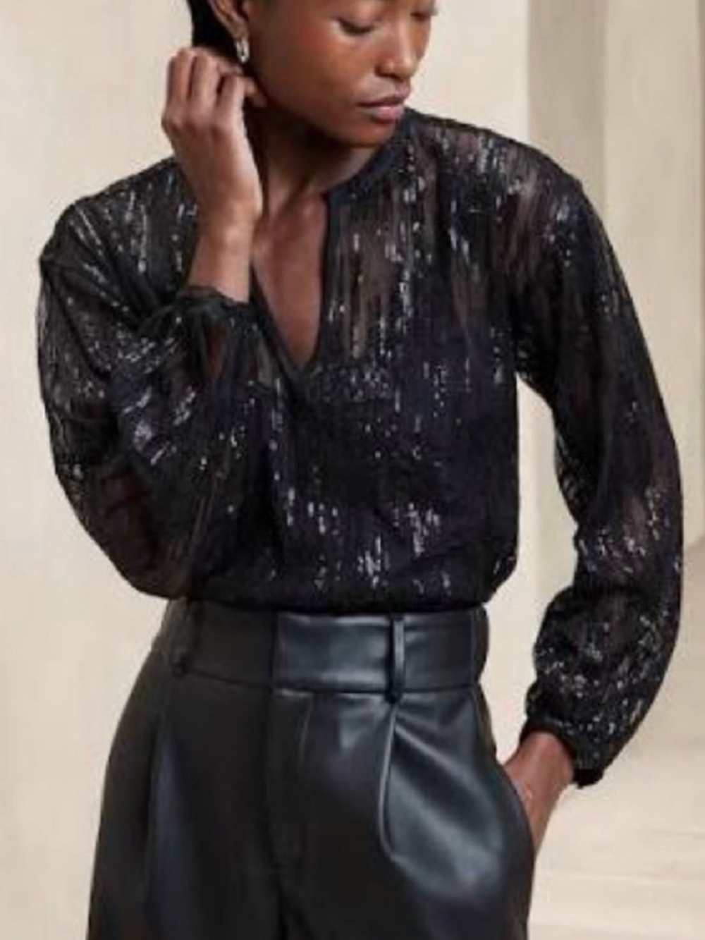 Banana Republic Black Sheer Sequin V-Neck Blouse